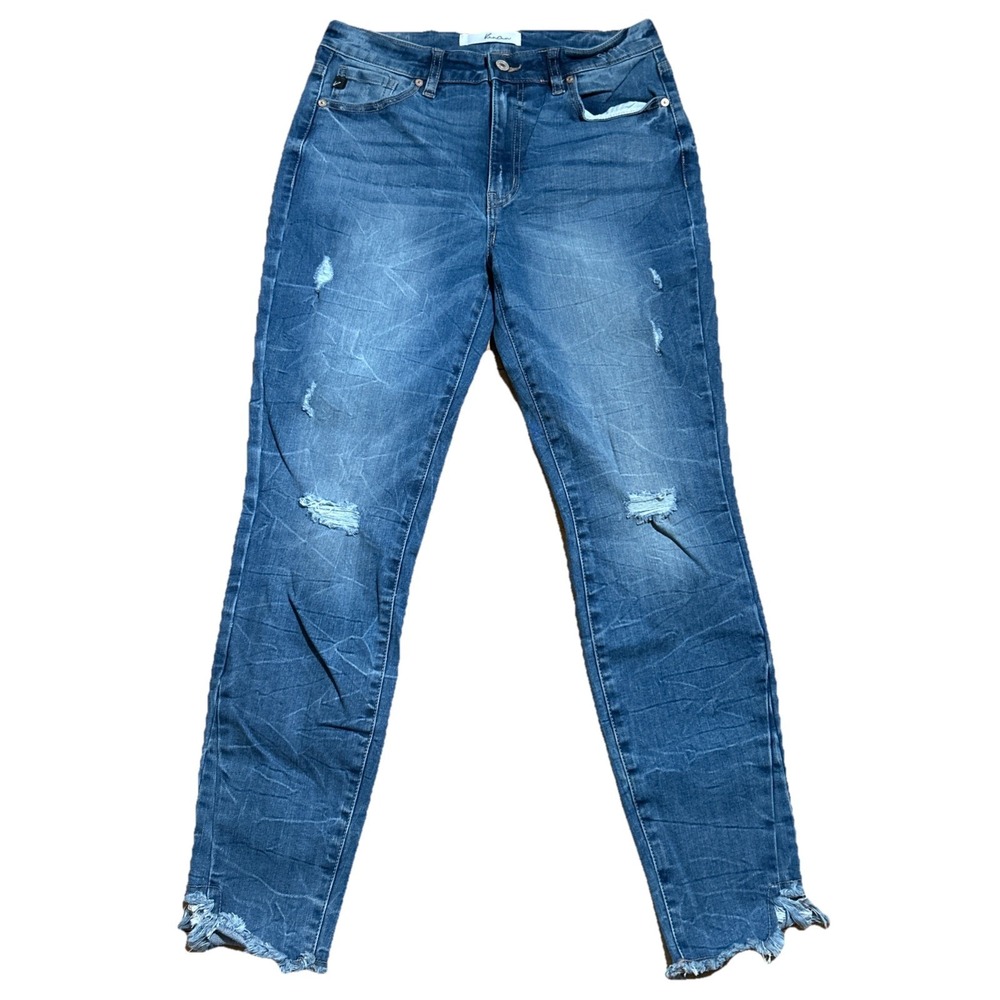 Kancan Women's 9/28 Estillo Skinny Mid-Rise Distressed Jeans Stretch Raw‎ Hem